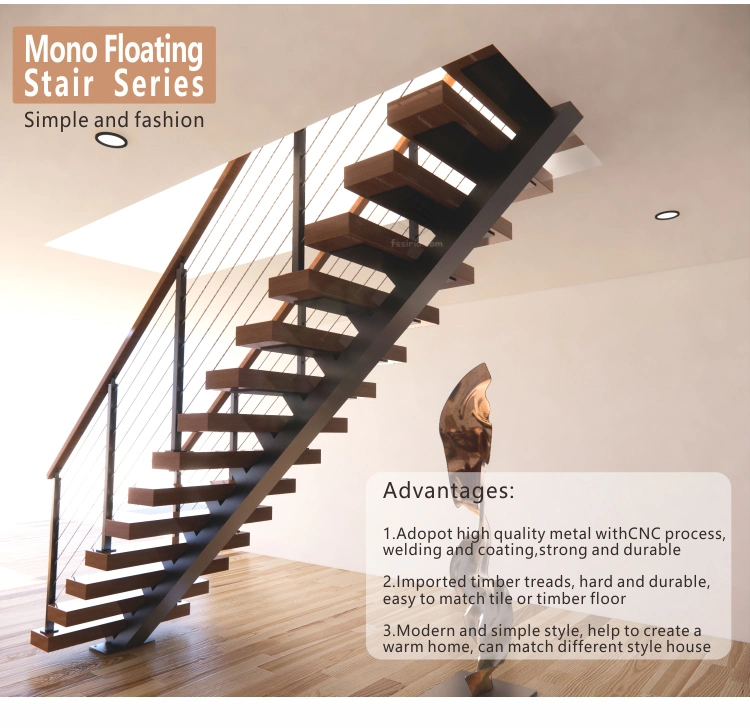 Customize Factory Metal Stringer Timber Step Glass Railing Floating Staircases